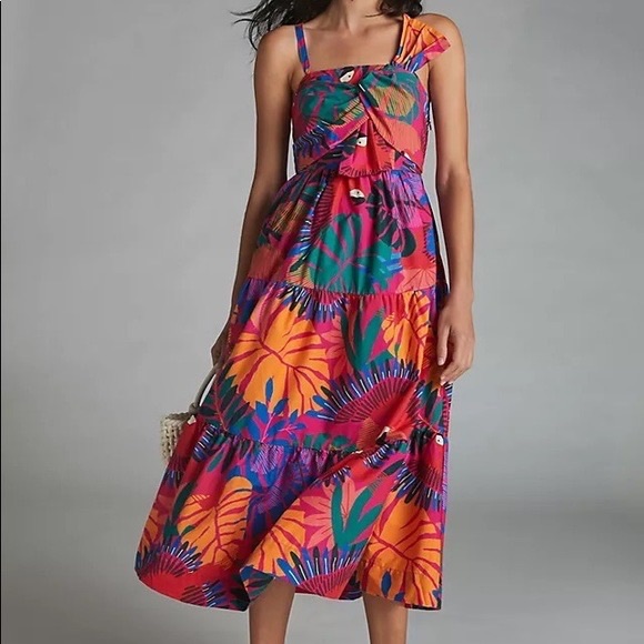 FARM Rio Dresses & Skirts - FARM Rio Anthologie Sz L  Macaw Midi Dress Bow Top floral parrot cotton